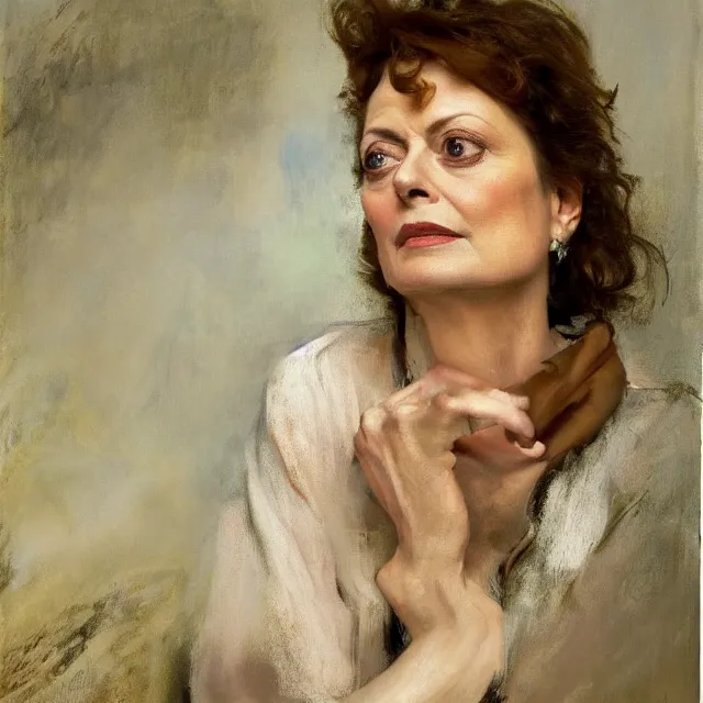 Prompt: a striking portrait of susan sarandon by john singer sargent, norman rockwell, and andrew wyeth, strong brushwork, natural light, color palette of pastels and earth tones