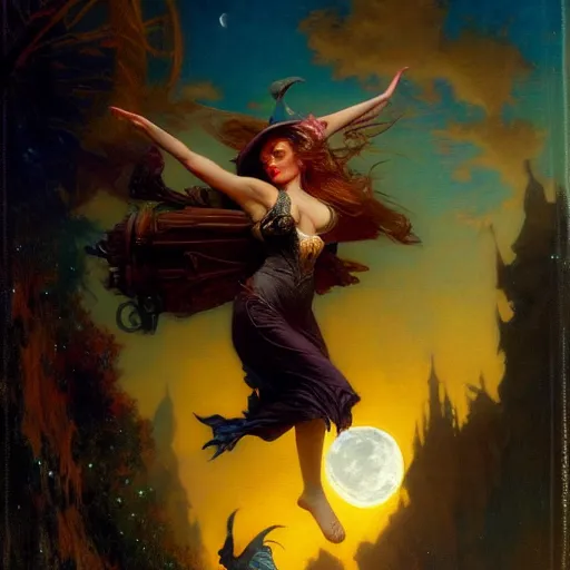 Image similar to attractive witch magically flying trough the night, fantasy, full moon in background. highly detailed painting by gaston bussiere, craig mullins, j. c. leyendecker 8 k