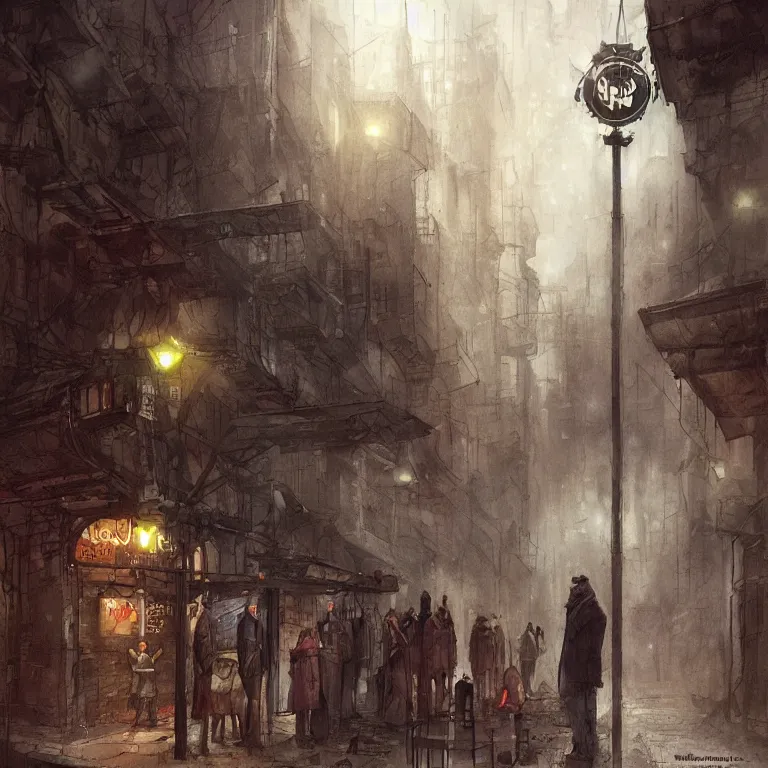 Prompt: some people waiting in a lone bus stop in qiet dark city, by marc simonetti