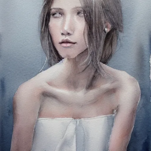 Prompt: white shoulder-length haired girl, watercolor, grey eyes, portrait, artstation, highly detailed, by Ross tram