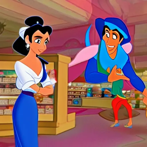 Prompt: aladdin and jasmine in electronics store picking up a flying drone, old 2 d disney artstyle