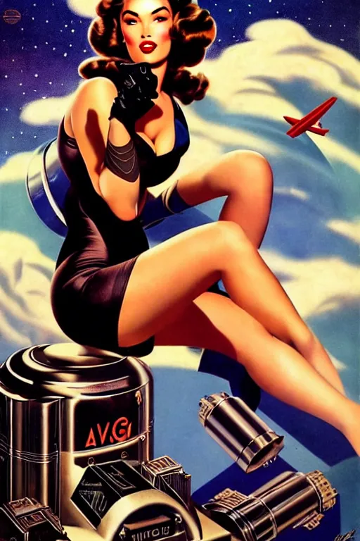 Image similar to beautiful retro space megan fox varga girl sitting on a rocket in diesel punk city, windblown dark hair, retro pinup model, seductive, 1 9 4 0, glamour pose, intricate, smoke, hyper detailed, digital art, smooth, sharp focus, alberto vargas, gil elvgren, greg rutkowski, propaganda poster