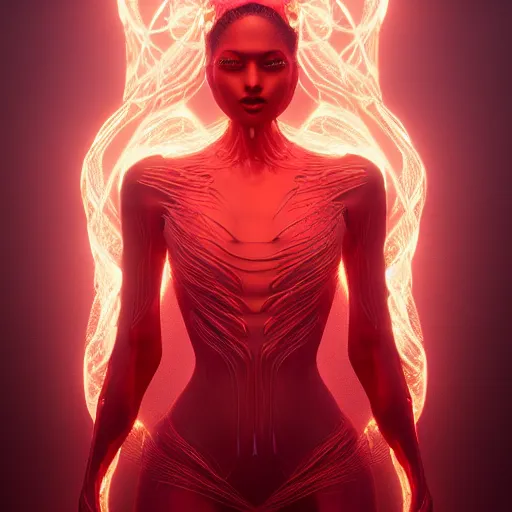 Prompt: a highly detalied digital image of a beautiful futuristic woman elegantly tangled in fiery red threads, by Andrew Chiampo, artstation, and Frederik Heyman, extremely detailed woman, stunning volumetric lighting, hyper realism, fantasy 4k, 8k