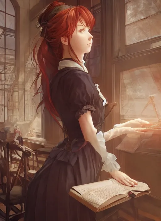 Image similar to a victorian maid with long flowing auburn hair in a reading room. By Makoto Shinkai, Stanley Artgerm Lau, WLOP, Rossdraws, James Jean, Andrei Riabovitchev, Marc Simonetti, krenz cushart, Sakimichan, trending on ArtStation, digital art.