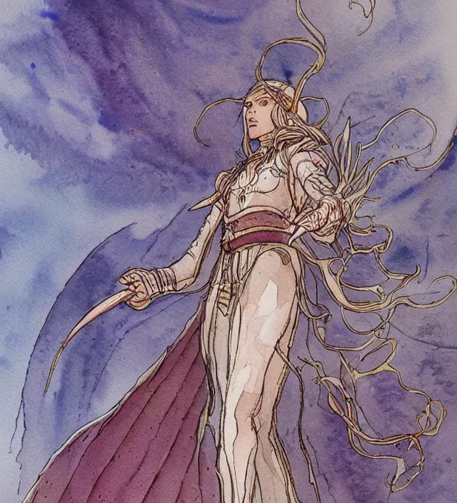 Image similar to a 3 / 4 view watercolor ink painting of an elf cleric / wizard wandering a ringworld bringing miracles in the style of jean giraud in the style of moebius trending on artstation deviantart pinterest detailed realistic hd 8 k high resolution