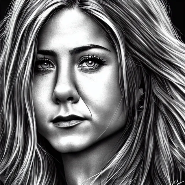 Prompt: aniston, chrome, stamp, highly detailed, 4 k, hdr, smooth, sharp focus, high resolution, award - winning photo, artgerm, photorealistic