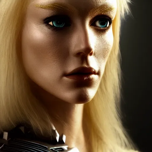 Image similar to full body of a very pretty blond borg queen on a borg ship, cybernetic implants, perfect face, symmetrical face, moody lighting, shallow depth of field,