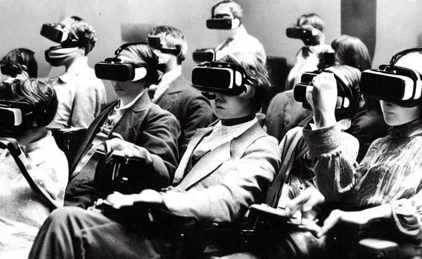 Image similar to 1 9 0 0 s photo of people using iphones ipods virtual reality headsets vr in a movie theater masterpiece