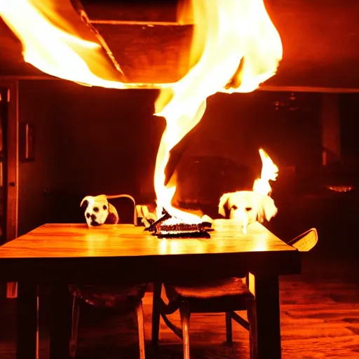 Image similar to a photograph of a big fire on a dining room on fire, only remains a wooden table and a chair, an human-like relaxed dog sitting at this table, ☕ on the table, surrounded by flames, a lot of flames behind the dog, black smoke instead of the ceiling