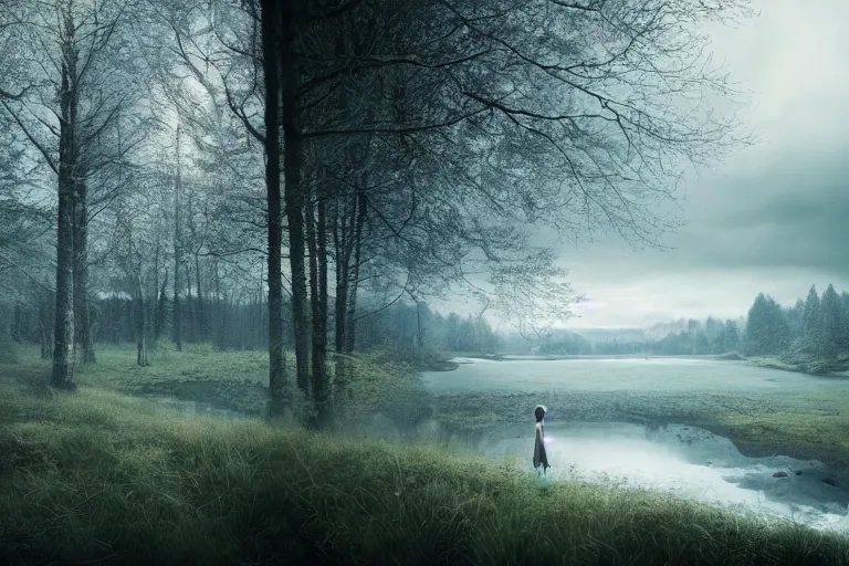 Image similar to an ultra realistic, cinematic headshot portrait, of girl, background of a vast serene landscape, with trees and rivers, detailed, deep focus, movie still, dramatic lighting, ray tracing, by michal karcz and yoshitaka amano