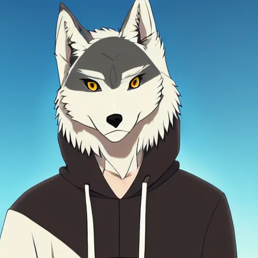 Image similar to key anime visual portrait of a handsome male anthro wolf furry fursona with beautiful eyes, wearing a hoodie, official modern animation