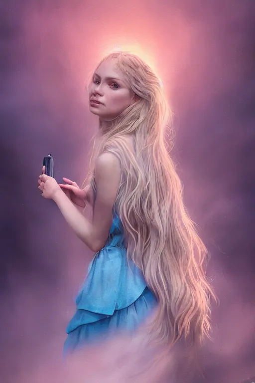 Image similar to an insanely detailed close up portrait of a beautiful blonde haired woman, blue dress, holding nikon camera, background is a fountain in the park, in the style of peter mohrbacher, artgerm, dramatic lighting and composition, pink fog background, octane render, trending on artstation, concept art 8 k