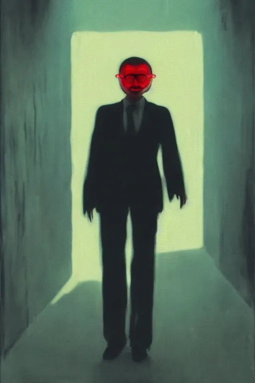 Prompt: orientalist painting portrait of a slender man with short hair and rounded sunglasses, malevolent smile, atmospheric and obscure, red neon light, by roger deakins, cinematography, syd mead, realistic, 8 0 mm