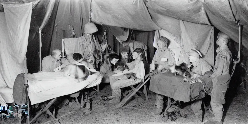 Prompt: photograph of hamsters in a ww 2 field hospital being treated by medic hamsters, detailed