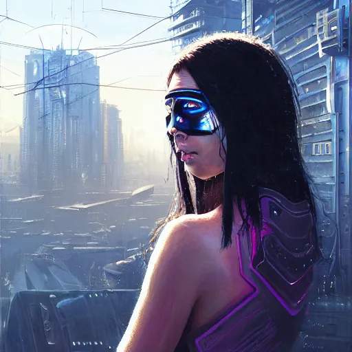 Image similar to molly millions, portrait of a young beautiful cyberpunk woman, mirror eye implants, black hair in a rough shag, street samurai, sunset, neuromancer, cyberpunk city background, megacity, gorgeous view, depth, painted by seb mckinnon, high detail, digital art, painted by greg rutkowski, trending on artstation