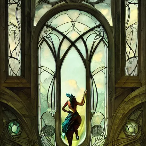 Prompt: beautiful large window with four panes, four yearseason is represented by peter mohrbacher, art nouveau, landscape, cinematic