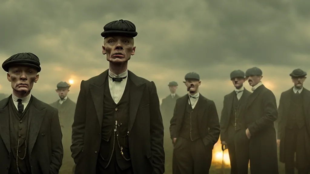 Prompt: the peaky blinders with peanuts heads, film still from the movie directed by denis villeneuve with art direction by zdzis