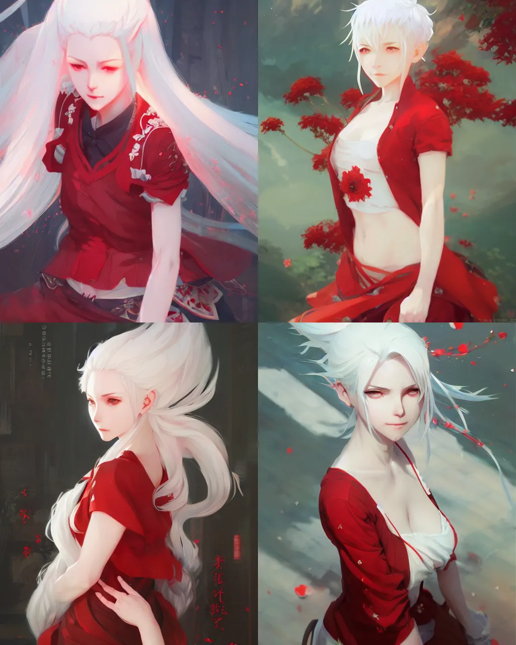 Prompt: girl with white hair and red clothing, flower decoration on the background, a beautiful half body illustration, top lighting, perfect shadow, soft painting, art by hidari and krenz cushart and wenjun lin