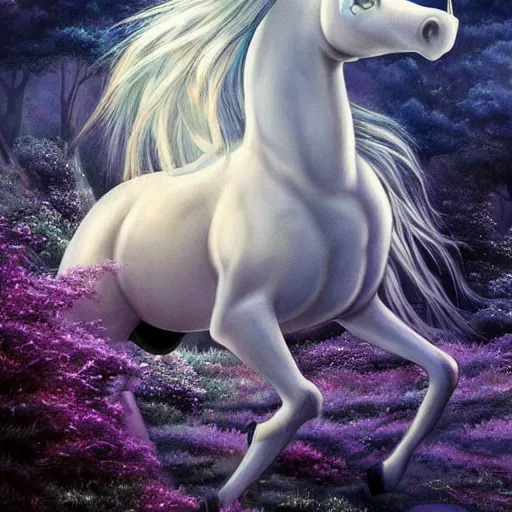 Image similar to A stunningly beautiful mystical unicorn :: hyperdetailed :: hyper realistic :: by Ghibli Studio :: in the style of Fantasy Art