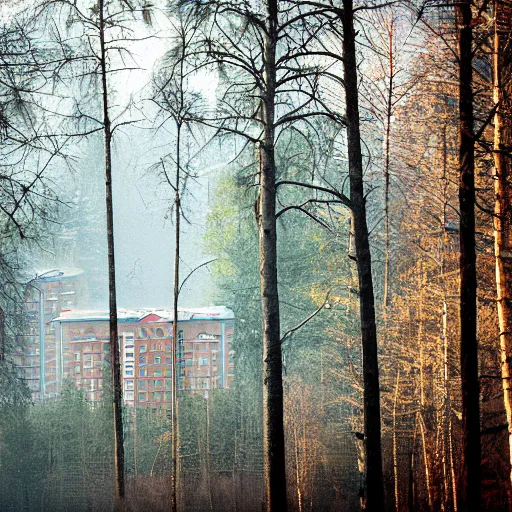 Image similar to national geographic photo of cute soviet block of flats in forest by ivan shishkin, bokeh