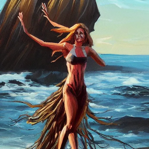 Prompt: improvisational by steve henderson. a beautiful print of a human - like creature with long, stringy hair. the figure has no eyes, only a mouth with long, sharp teeth. the creature is standing on a cliff overlooking a dark, foreboding sea.