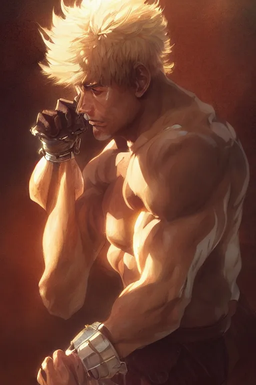 Image similar to cute Hokuto no Ken, light-brown skin, D&D, fantasy, portrait, highly detailed, digital painting, artstation, concept art, sharp focus, illustration, art by greg rutkowski and alphonse mucha