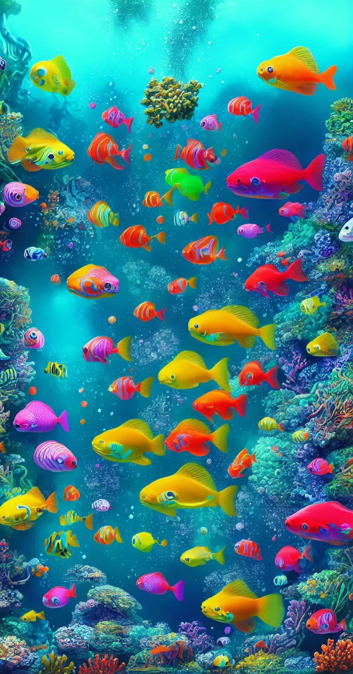 Prompt: highly detailed wide angle profesional photo of colorful aquatic life under water, award winning photography, vibrant calm colors, art by greg rutsowski, concept art, 8 k detail post - processing