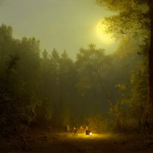 Prompt: an oil painting of a forrest at dusk with a moonlight clearing and fireflies and an abandoned tent. By carl spitzweg tuomas korpi and greg rutkowski