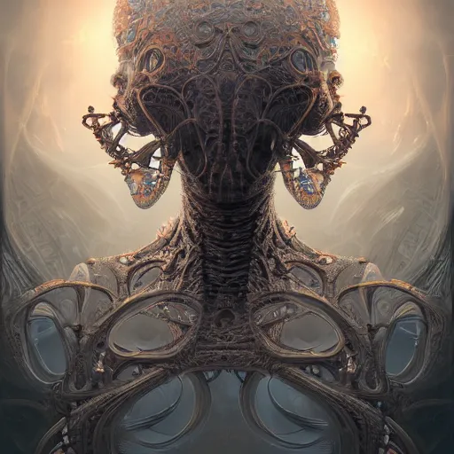 Image similar to a highly detailed photographic portrait of an alien, biomechanical sculpture, mandelbrot fractal, intricate, elegant, ornate, elegant, luxurious, beautifully lit, ray traced, octane 3D render in the style of Peter Mohrbacher and Peter Gric