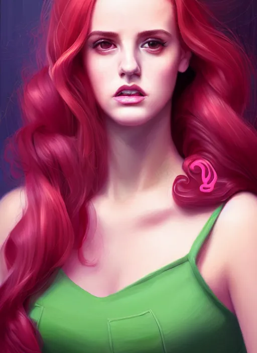 Image similar to full body portrait of teenage cheryl blossom, bangs, green eyes, sultry expression, red hair, sultry smirk, bangs and wavy hair, pink skirt, intricate, elegant, glowing lights, highly detailed, digital painting, artstation, concept art, smooth, sharp focus, illustration, art by wlop, mars ravelo and greg rutkowski