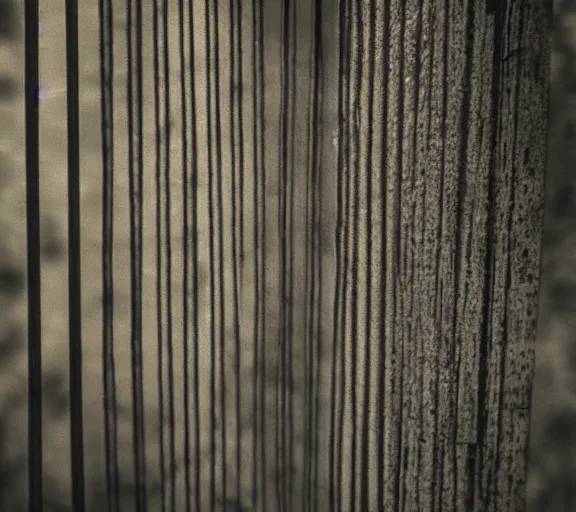 Prompt: Paul Barson's 'wide shot of laughing bloody gigachad behind vertical bars', dark, high contrast, high exposure photo