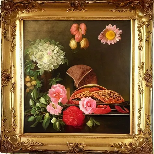 Prompt: “A beautiful, museum oil painting of a Taco Bell meal, including, soda, chips, tacos, sauce, and a bouquet of flowers on an elaborate beautiful table with fine china , painting is in a gilded frame”