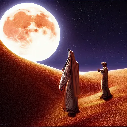 Prompt: midnight dunes of Arabia, the moon hanging in a starry sky, artstation, felix Kelly, Darrell K Sweet, digital art, concept art, d and d art