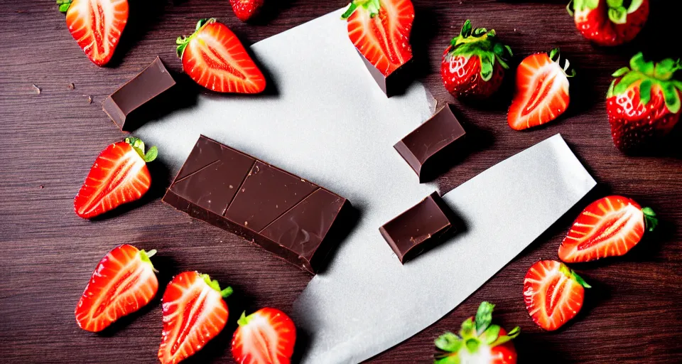 Image similar to A gourmet dark chocolate bar with a piece broken off, on an opened silver wrapper, next to sliced strawberries, on a wooden tray, macro lens product photo