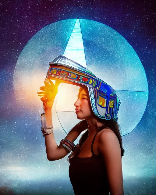 Image similar to centered medium shot fine studio photograph of a young woman wearing only a solarpunk mecha Mayan helmet with bright lights, ultra-realistic, white background, 8k HDR sunset lit, intricate