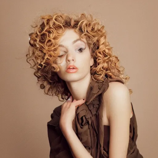 Image similar to a photo of a beautiful woman with curly hair, dreamy, nostalgic, fashion editorial, studio photography, magazine photography, earth tones