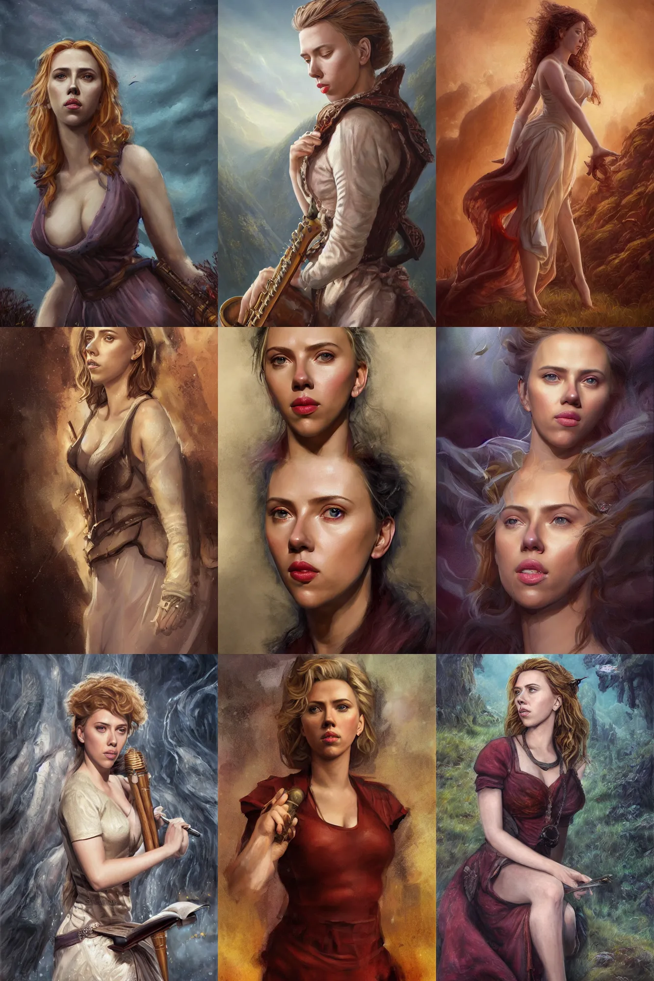 Prompt: a full body high detail fantasy portrait oil painting illustration of scarlett johansson as a beautiful sophisticated singing bard woman by justin sweet with face and body clearly visible, in a scenic background, pupils visible, realistic proportions, d & d, rpg, forgotten realms, artstation trending, high quality, sombre mood, artstation trending, muted colours, entire person visible!