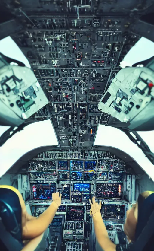 Prompt: first person view perspective, simple airplane cockpit, cathode ray tube, simple details, missiles explosions in the sky, high resolution, cosplay photo, stunning, girls frontline style, bokeh soft, shot on 7 0 mm, zenithal lightning, trending on instagram, by award winning photographer, symmetrical features, realistic military equipment