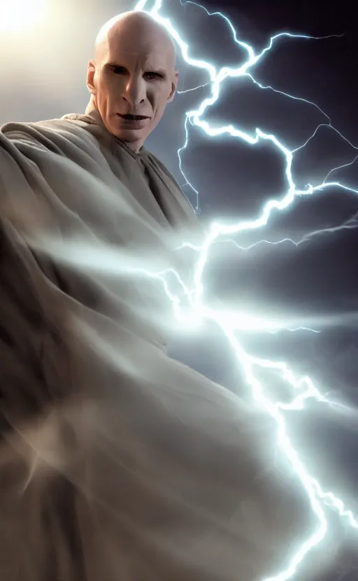 Image similar to Lord Voldemort casting an electricity spell. Digital art trending on artstation. 4k. Tyndall effect.