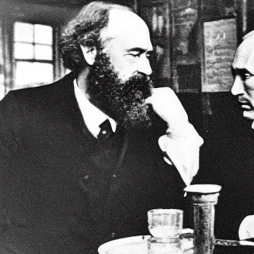 Prompt: karl marx and vladimir putin discussing capitalism, photo 1960, restaurant background