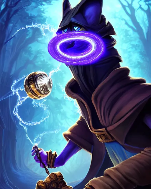 Image similar to closeup, highly detailed digital illustration portrait of hooded sorcerer druid necromancer sly cooper rocket the raccoon casting a magical energy sparkling swirling blue glowing spell in an ancient castle, action pose, d & d, magic the gathering, by rhads, frank frazetta, lois van baarle, jean - baptiste monge, disney, pixar,