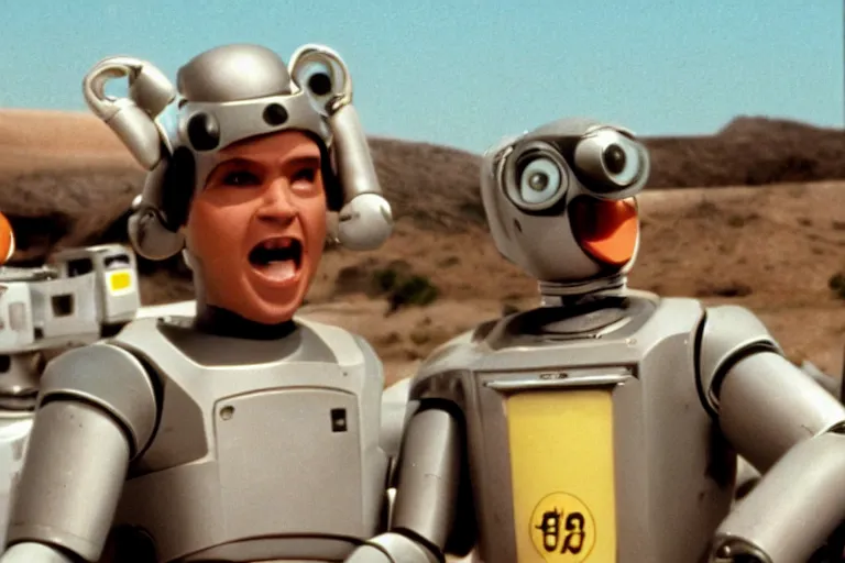 Prompt: a movie still from the 1985 summer blockbuster movie Back to the Robots directed by Steven Spielberg