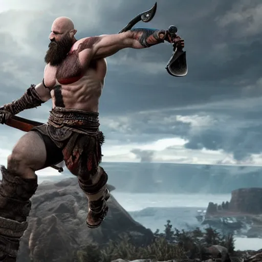 Image similar to kratos, with leviathan axe, jumping a black harley - davidson motorcycle off a cliff, cinematic render, playstation studios official media, god of war 2 0 1 8