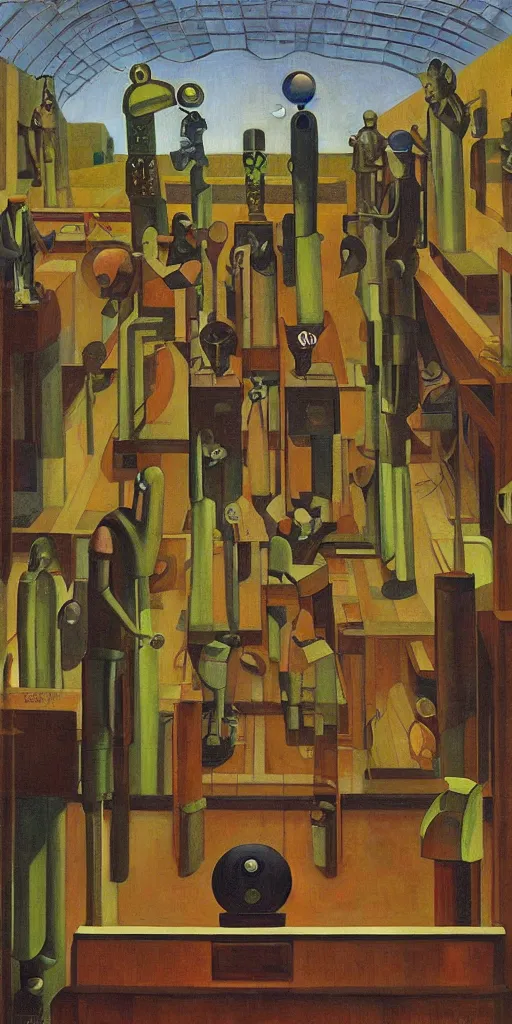 Image similar to robot druids in a grandiose atrium, grant wood, pj crook, edward hopper, oil on canvas