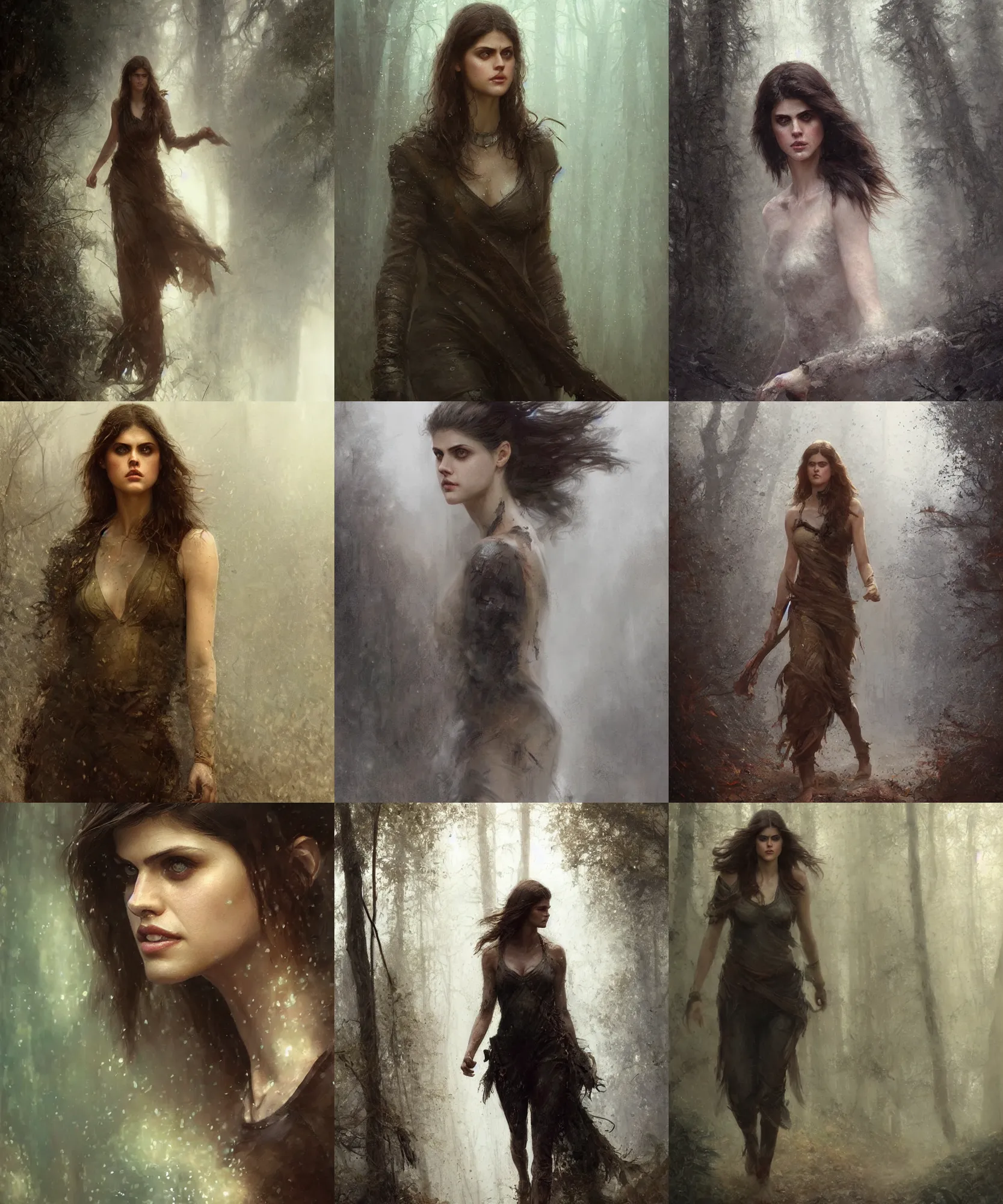 Prompt: digital art painting of alexandra daddario walking through the wild fir, smoke and rain of ashes dnd portrait painted by craig mullins and gaston bussiere and greg rutkowski, symmetrical face, defined facial features, symmetrical facial features, dramatic lighting, close up