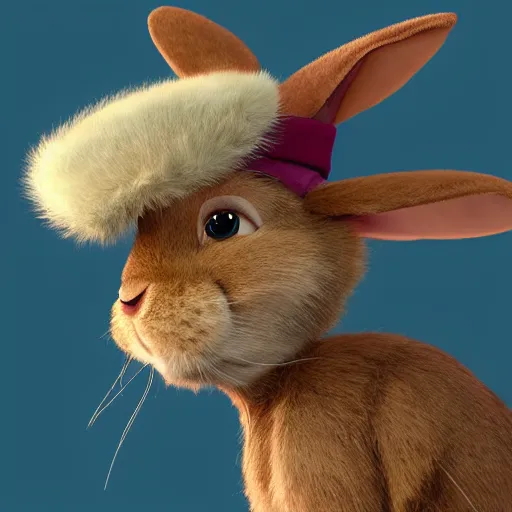 Prompt: very cute kid\'s film character rabbit, disney pixar dreamworks character concept artwork, 3d concept, detailed fur, animal wearing a hat, high detail iconic character for upcoming film, trending on artstation, beautiful texture and rendering