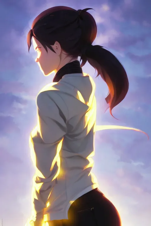 Image similar to black ponytail hair, pale woman in a black zipper jacket, yellow eyes, by artgerm, hair tied in a ponytail, white backdrop, soft lighting, fighting pose, dynamic angle, by greg rutkowski makoto shinkai takashi takeuchi