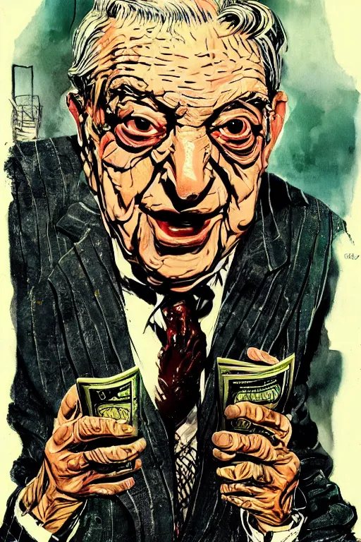 Image similar to George Soros full body shot, dollar bills Body horror, biopunk, by Ralph Steadman, Francis Bacon, Hunter S Thompson