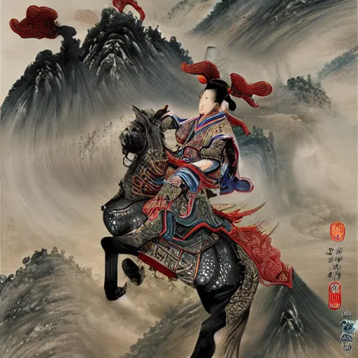 Image similar to dynamic composition, motion, ultra-detailed, incredibly detailed, a lot of details, amazing fine details and brush strokes, colorful and grayish palette, smooth, HD semirealistic anime CG concept art digital painting, watercolor oil painting of a Tang Ming dynasty chinese tao fantasy general wearing armor, from Three Kingdoms, by a Chinese artist at ArtStation, by Huang Guangjian, Fenghua Zhong, Ruan Jia, Xin Jin and Wei Chang. Realistic artwork of a Chinese videogame, gradients, gentle an harmonic grayish colors.