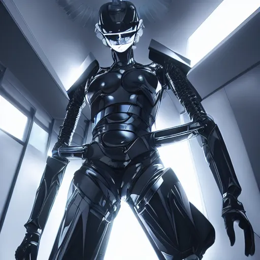 Image similar to a manga character in a futuristic room, black and shiny cyber armor, highly detailed, render, vray, octane, realistic lighting, by nihei tsutomu